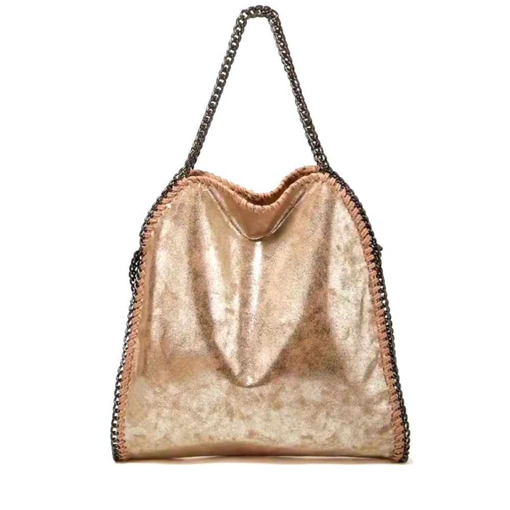 Pinkish Gold sueded leather (faux) bag;  triple chain oversized  15 x 16